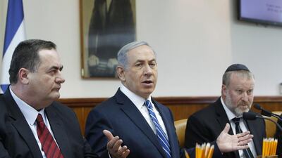 Israel's Prime Minister Benjamin Netanyahu attends a cabinet meeting at his office in Jerusalem. (Ronen Zvulun / Pool photo via AP)