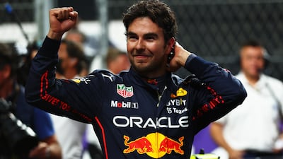 Sergio Perez of Red Bull Racing celebrates his pole position. Getty