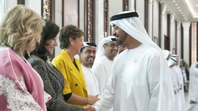 Sheikh Mohamed bin Zayed receives Special Olympics sponsors during an iftar reception at Al Bateen Palace. Rashed Al Mansoori / Ministry of Presidential Affairs