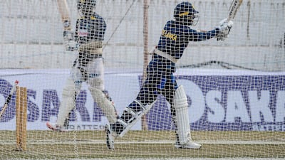 Sri Lanka cricketers take part in a practice session at the Pindi Cricket Stadium. AFP