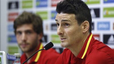 Spain's national soccer team players Aritz Aduriz (R) and Sergi Roberto (L) hold a press conference in Madrid, Spain, 21 March 2016. Spain will play friendly matches against Italy on 24 March 2016 and against Romania on 27 March. EPA/Paco Campos