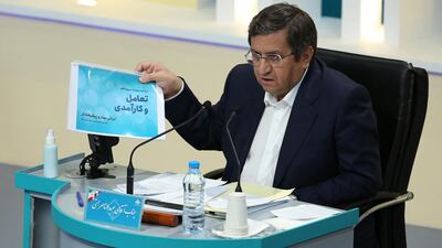 Iranian presidential candidate Abdolnaser Hemati during the first televised debate between Iran presidential candidates. AFP PHOTO /Iranian Young Journalist Club