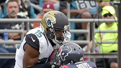 Jacksonville Jaguars receiver Allen Robinson catches a pass for a touchdown last week in the NFL against the Houston Texans. Phelan M Ebenhack / AP / October 18, 2015