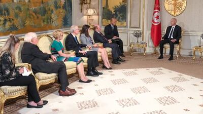 Tunisian President Kais Saied, right, meets the US delegation at Carthage Palace. Photo: Tunisian Presidency