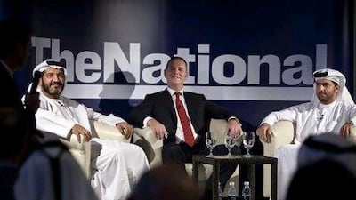 Left to right: Abu Dhabi Ports Company officials Khaled Salmeen, the executive vice president of industrial zones, Tony Douglas, the chief executive, and Capt Mohamed al Shamsi, the vice president at ports, at yesterday's forum.