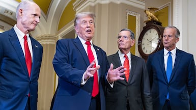 US President Donald Trump with Republican senators, from left, Rick Scott, John Barrasso and John Thune, on June 24. Bloomberg