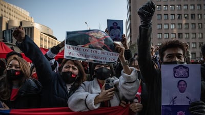 Myanmar nationals in Japan demonstrate against the military coup that took place in their home country on Monday, February 1, 2021. Getty Images