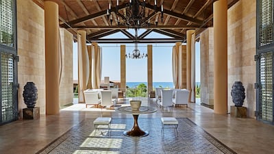 The Romanos lobby, like the rest of the resort, blends in elements of the south-west Peloponnese landscape. Photo: Costa Navarino