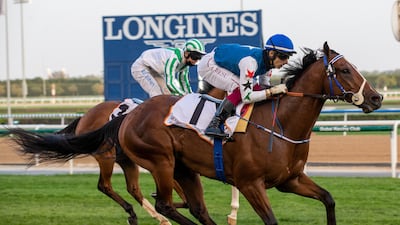 Antonio Fresu rides Dahawi to victory at Meydan on Sunday, January 30, 2022. DHRIC
