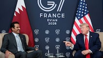 US President Donald Trump with Sheikh Tamin, Emir of Qatar, on the sidelines of the G7 summit in Evian-les-Bains, France, on June 16, 2026. Reuters