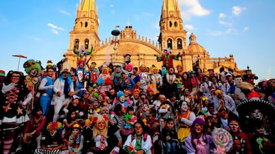 Clowns get together for a group shot in Guadalajara. AFP