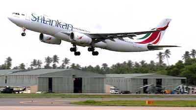 A Sri Lankan Airlines Airbus takes off from Bandaranaike International Airport in Katunayake on the outskirts of Colombo. The carrier is attending the Arabian Travel Market in Dubai. Lakruwan Wanniarachchi / AFP