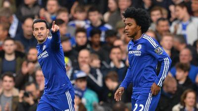 Chelsea’s Pedro celebrates after scoring the team’s second goal on Saturday against Sunderland. Glyn Kirk / AFP