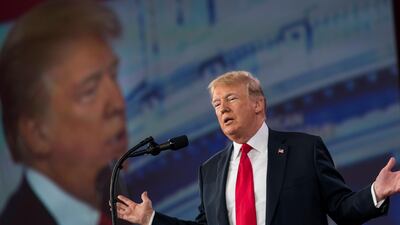 US President Donald J. Trump addresses the 45th annual Conservative Political Action Conference (CPAC) at the Gaylord National Resort & Convention Center in National Harbor, Maryland. Jim Lo Scalzo/ EPA