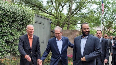 Saudi Crown Prince Mohammed bin Salman visits former US Presidents George H.W. Bush and George W. Bush, in Houston. SPA
