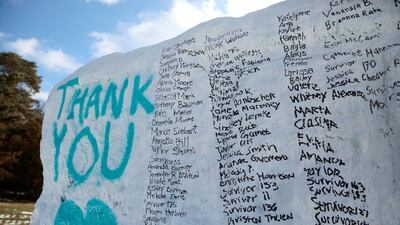 A boulder on the campus of Michigan State University is painted with the names of assault victims of Larry Nassar. REUTERS/Rebecca Cook