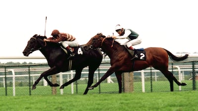 Markofdistinction (4) ridden by Frankie Dettori, wins the Queen Elizabeth II Stakes at Ascot beating Distant Relative (2), ridden by Pat Eddery. Getty Images