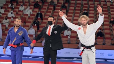 Adam Wardzinski celebrates after winning the black belt 94kg final against Renato Cardozo in the 12th Abu Dhabi World Professional Jiu-Jitsu Championship at the Jiu-Jitsu Arena. Courtesy UAEJJF