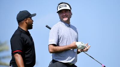 Bubba Watson, right, speaks to Harold Varner III during a practice round prior to the PIF Saudi International at Royal Greens Golf & Country Club in Al Murooj, Saudi Arabia, on January 31, 2023. Getty