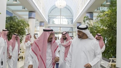 Sheikh Mohammed bin Zayed, Crown Prince of Abu Dhabi and Deputy Supreme Commander of the Armed Forces, right, attends a reception hosted by King Salman bin Abdulaziz Al Saud, of Saudi Arabia and Custodian of the Two Holy Mosques, during an official visit to Saudi Arabia. Mohamed Al Hammadi / Crown Prince Court - Abu Dhabi