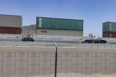 An Etihad Rail freight train passes close to Fujairah passenger station. Antonie Robertson / The National