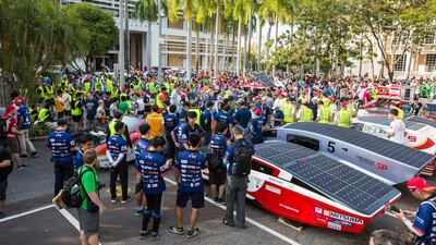 epa06251618 A view of racing teams preparing for the start of the World Solar Challenge at Parliament House in Darwin, Northern Territory, Australia, 08 October 2017. The solar-powered vehicles race will travel 3,000km to the finish in Adelaide, South Australia on 15 October. EPA/GLENN CAMPBELL AUSTRALIA AND NEW ZEALAND OUT
