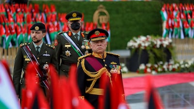 Jordanian King Abdullah II, accompanied by his son Crown Prince Hussein and the chairman of the Joint Chiefs of Staff of the Jordanian Armed Forces General Yousef Huneiti. AFP