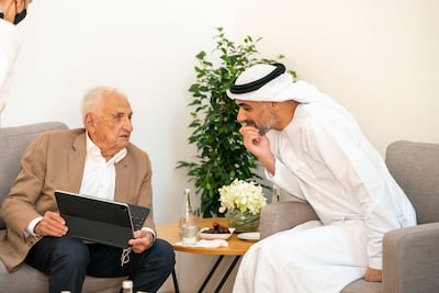 Abu Dhabi Crown Prince Sheikh Khaled bin Mohamed bin Zayed met Frank Gehry and visited the Guggenheim Abu Dhabi museum site on Saadiyat Island in 2021. WAM