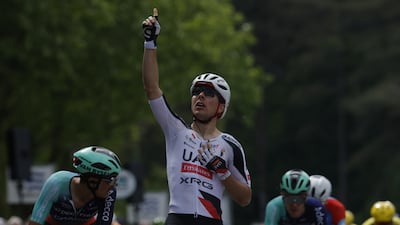 UAE Team Emirates-XRG rider Benoit Cosnefroy celebrates his stage win at the Grand Prix du Morbihan 2026. Sprint Cycling Agency