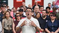 Andy Burnham addresses Labour party supporters after winning the Makerfield by-election last week. Reuters
