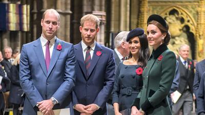 Prince William and Catherine, Duchess of Cambridge stand beside Prince Harry and Meghan Markle during a service marking the centenary of WW1 armistice at Westminster Abbey in November 2018. Getty Images