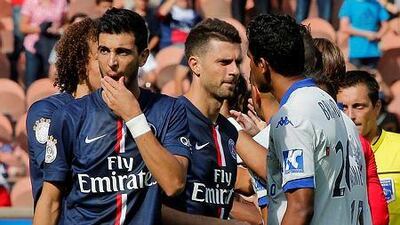 Paris Saint-Germain President Nasser Al-Khelaifi wants Bastia's Brandao, right, to be banned for life after he headbutted PSG's Thiago Motta, centre, at the end of a French league match on Saturday. After Bastia's 2-0 loss to PSG, Brandao waited for Thiago Motta in the tunnel and headbutted the midfielder, leaving him with blood running down from his nose. (AP Photo/Michel Euler)