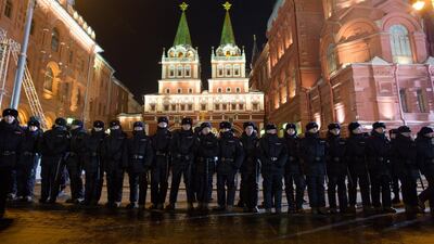 Police stand guard during a rally near the Kremlin in Moscow, Russia, on Sunday, March 18, 2018. Andrey Rudakov / Bloomberg