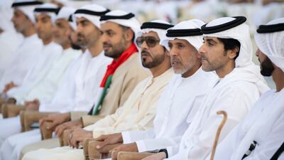 Sheikh Hazza bin Tahnoon Al Nahyan, undersecretary to the Ruler's Representative in Al Ain Region, and Maj Gen Sheikh Ahmed bin Tahnoon Al Nahyan, Deputy Chief of Staff of the UAE Armed Forces, at the Union Parade. Eissa Al Hammadi for the Presidential Court