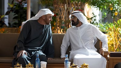 President Sheikh Mohamed meets Sheikh Mohammed bin Rashid, Vice President and Ruler of Dubai, at Al Marmoom in Dubai. Photo: UAE Presidential Court