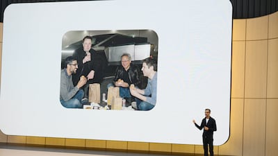 Google chief executive Sundar Pichai used this AI-generated photo displayed on a large screen to promote the company's SynthID. (Bloomberg)