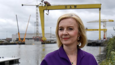 Liz Truss in Belfast Harbour on Wednesday during a campaign stop in Northern Ireland. PA