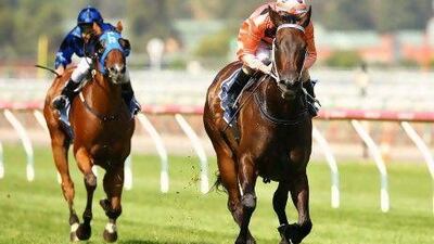 Jockey Luke Nolen rides Black Caviar to a victory in Melbourne.