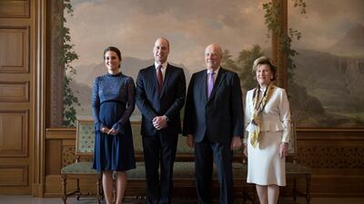 Britain's Prince William and his wife Kate, Duchess of Cambridge, left, pose for the media with Norway's King Harald, and Queen Sonja, at The Royal Palace in Oslo, Norway. Vidar Ruud / NTB Scanpix via AP