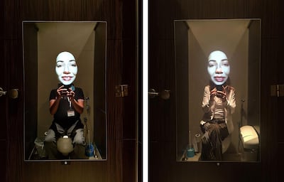 Edris' 'The Great Puzzle' (2017) an installation of digital video on mirrored LCD screens installed in the public bathrooms at Manarat Al Saadiyat for Abu Dhabi Art. Courtesy of the artist