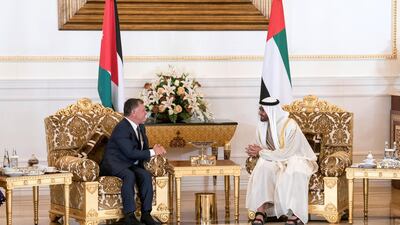 Sheikh Mohammed bin Zayed, Crown Prince of Abu Dhabi and Deputy Supreme Commander of the UAE Armed Forces (R), meets with King Abdullah II, King of Jordan (L), during a reception at the Presidential Airport. Hamad Al Kaabi / Crown Prince Court - Abu Dhabi