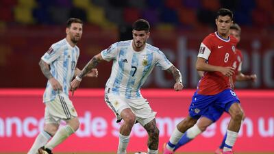 Argentina's Rodrigo on the ball during the 2022 World Cup qualifier against Chile. EPA