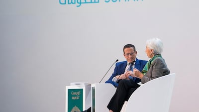 Christine Lagarde, Managing Director of the International Monetary Fund (R), and Richard Quest (L), participate in a discussion during the World Government Summit. Ryan Carter / Crown Prince Court - Abu Dhabi