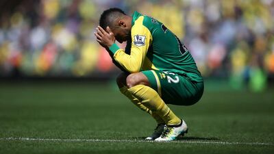 Norwich City’s English midfielder Nathan Redmond reacts after the Premier League match between Norwich City and Manchester United at Carrow Road in Norwich, eastern England, on May 7, 2016. Justin Tallis / AFP