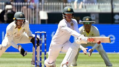 South African batsman Kyle Verreynne plays a reverse sweep. AFP