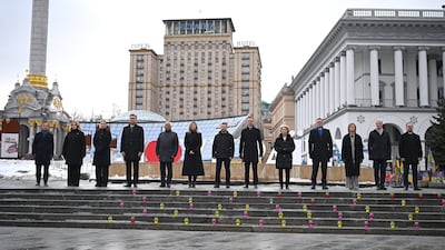 Ukrainian President Volodymyr Zelenskyy and first lady Olena Zelenska are joined in Kyiv's Independence Square on February 24, 2026, by Ulf Kristersson, Prime Minister of Sweden; Evika Siliņa, Prime Minister of Latvia; Mette Frederiksen, Prime Minister of Denmark; Antonio Costa, President of the European Council; Alexander Stubb, President of Finland; Ursula von der Leyen, President of the European Commission; Kristrun Frostadottir, Prime Minister of Iceland; and Jonas Gahr Store, Prime Minister of Norway, at a ceremony to commemorate the fourth anniversary of Russia’s invasion of Ukraine. Getty Images