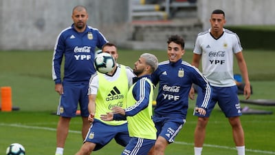 Sergio Aguero takes part in a training session with Argentina teammates inside the Beira Rio Stadium ahead of the Copa America match against Qatar. Reuters