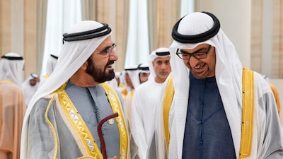 ABU DHABI, UNITED ARAB EMIRATES - June 06, 2025: HH Sheikh Mohamed bin Zayed Al Nahyan, President of the United Arab Emirates (R), speaks with HH Sheikh Mohamed bin Rashid Al Maktoum, UAE Vice President, Prime Minister and Ruler of Dubai (L), during an Eid Al Adha reception, at Mushrif Palace. ( Hamad Al Kaabi / UAE Presidential Court ) ---