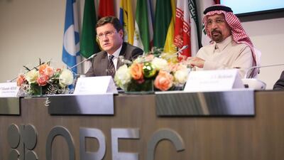 Alexander Novak, Russia's energy minister, left and Khalid Al Falih, Saudi Arabia's energy and industry minister. The oil market's biggest rivals have set aside differences to collaborate on crude prices and now, LNG. Akos Stiller / Bloomberg