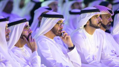Sheikh Mohamed bin Zayed Al Nahyan, Crown Prince of Abu Dhabi and Deputy Supreme Commander of the UAE Armed Forces (centre), with Sheikh Mohammed bin Rashid Al Maktoum, Vice President and Ruler of Dubai (left) and Sheikh Hamdan bin Mohammed Al Maktoum, Crown Prince of Dubai (right) at the UAE government annual meeting. Ryan Carter / Ministry of Presidential Affairs